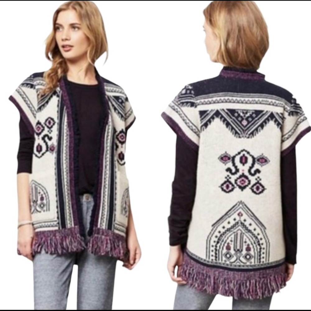 Anthro Angel of the North Warm Sweater Vest Wool Blend Navy/Purple/Ivory XS/S
